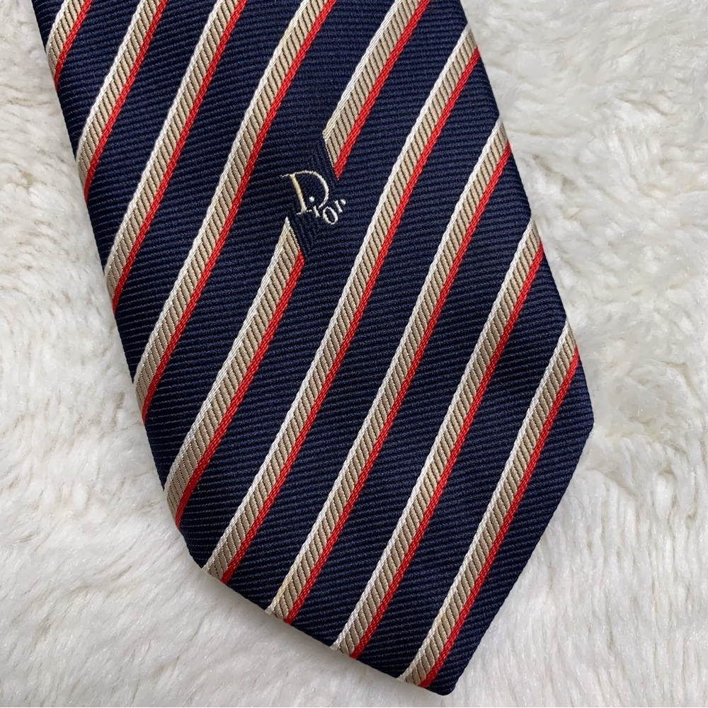 Vintage Christian Dior Logo Men’s 100% Silk Striped Blue Tan Tie - Picture 1 of 6